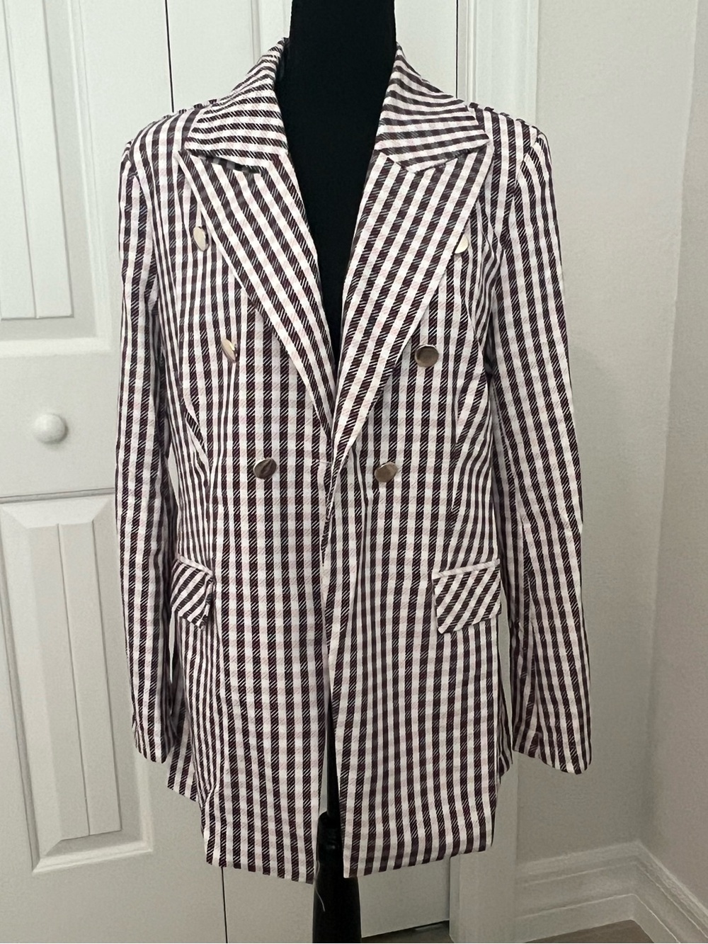chic Pink, Black and White Striped Double-Breasted Blazer New